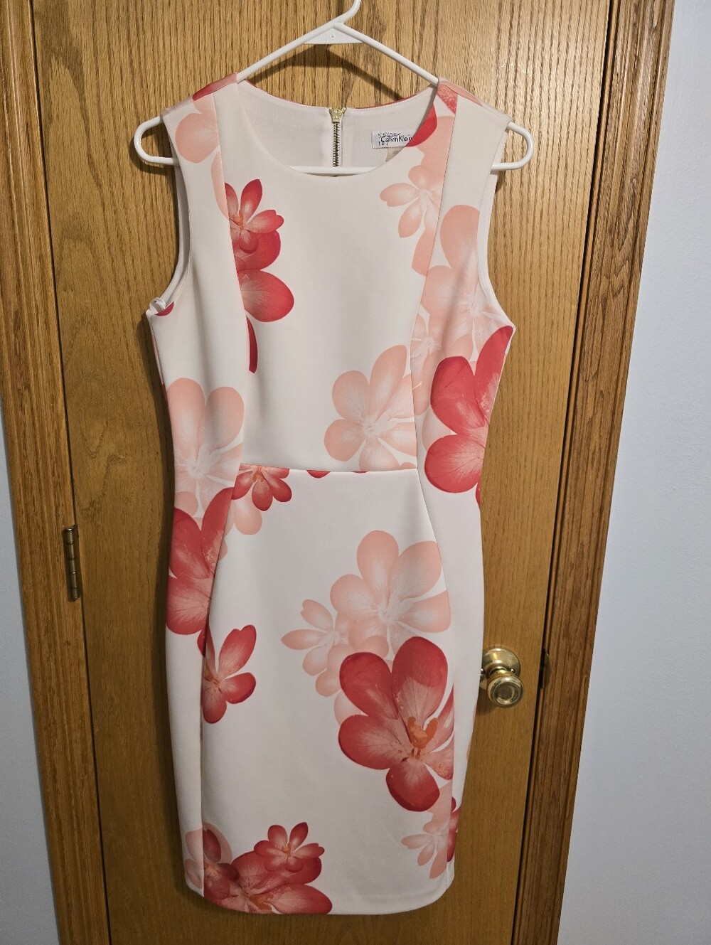 Calvin Klein Cream Midi Dress with Pink and Red Floral Print